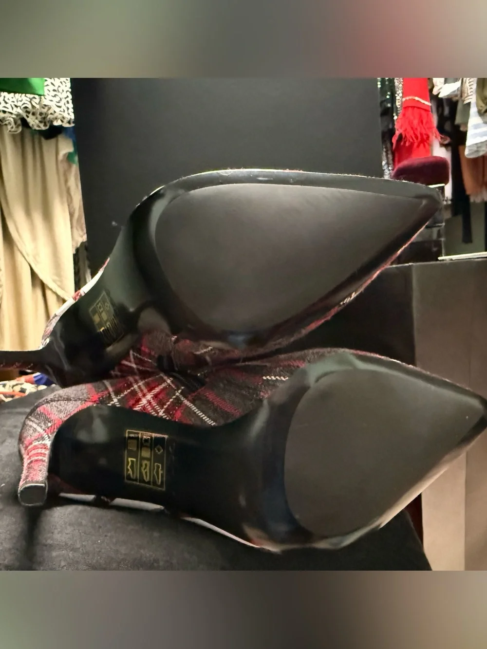 Aldo Red and Gray Plaid Pointed-Toe Ankle Boot with White Brushstroke